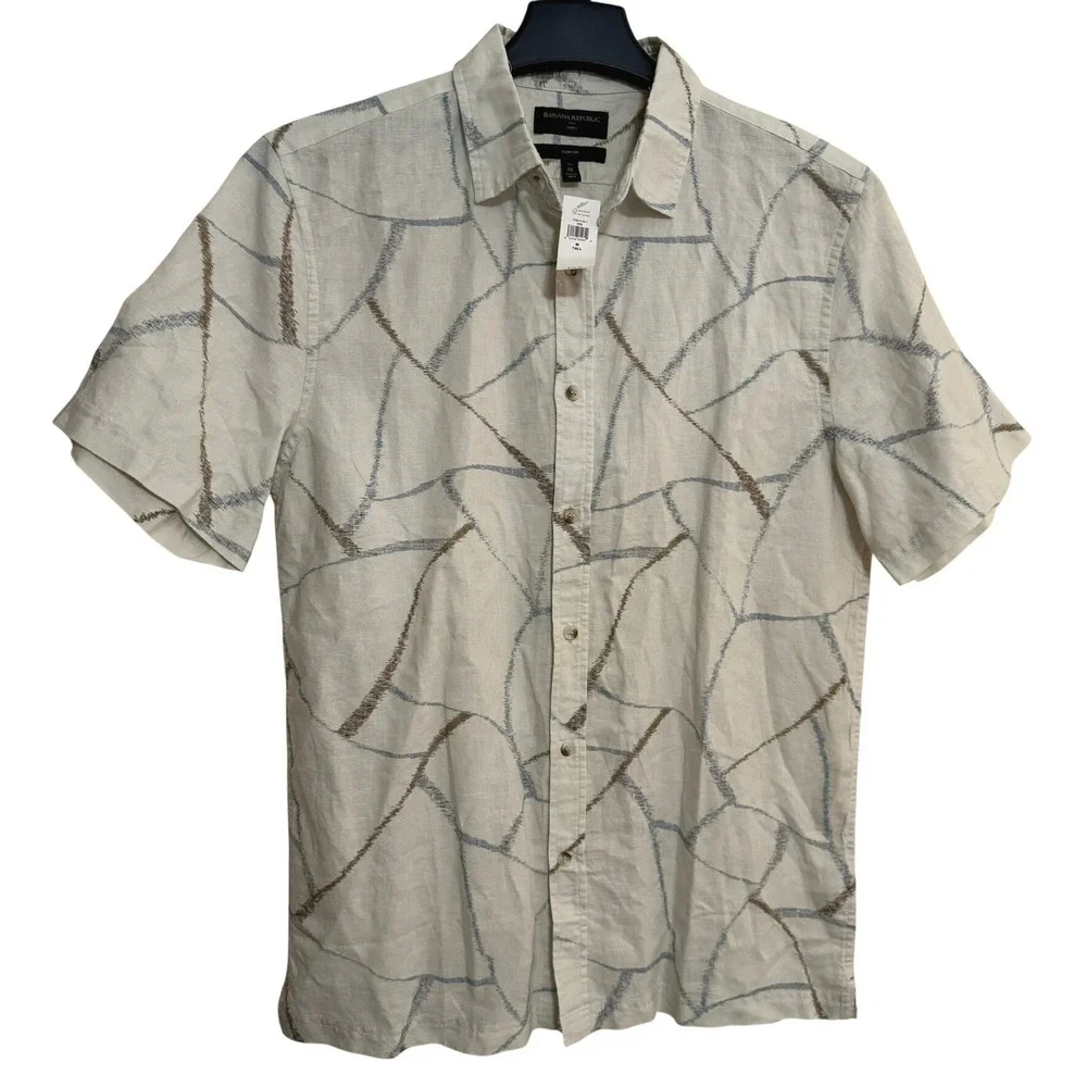 NWT Banana Republic Button Down Shirt Mens Tall Med Scales Slim Fit Linen Blend